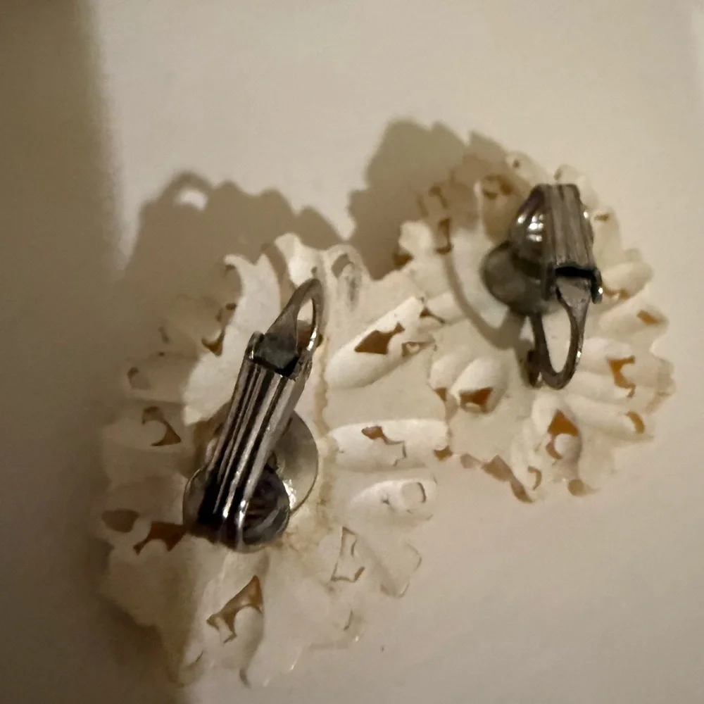 Vintage Celluloid Floral Clip Earrings with Rhinestones